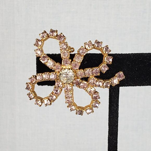 Vintage 4 Leaf Clover Shamrock Gold Tone with/ Light Pink Rhinestone Brooch - Picture 3 of 13